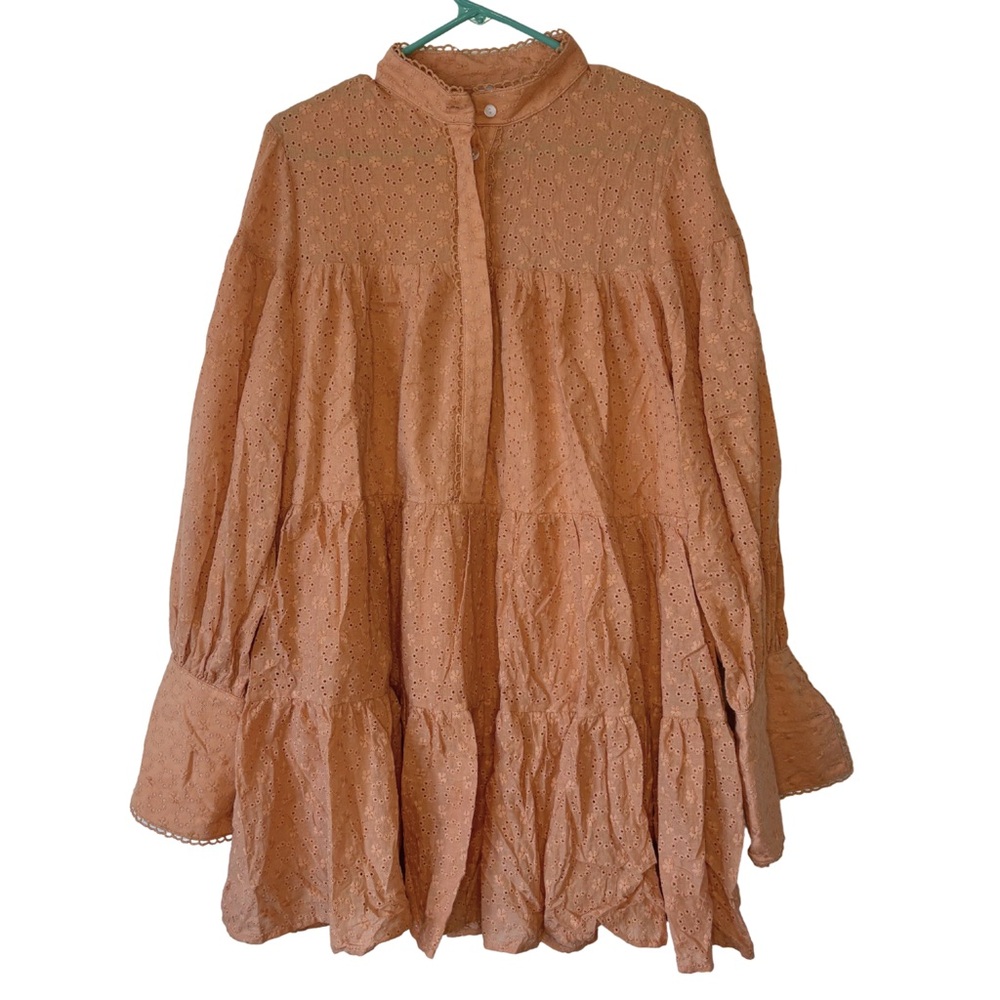 ASA Fashion Rust Orange Textured Tiered Long Sleeve Babydoll Mini Dress
